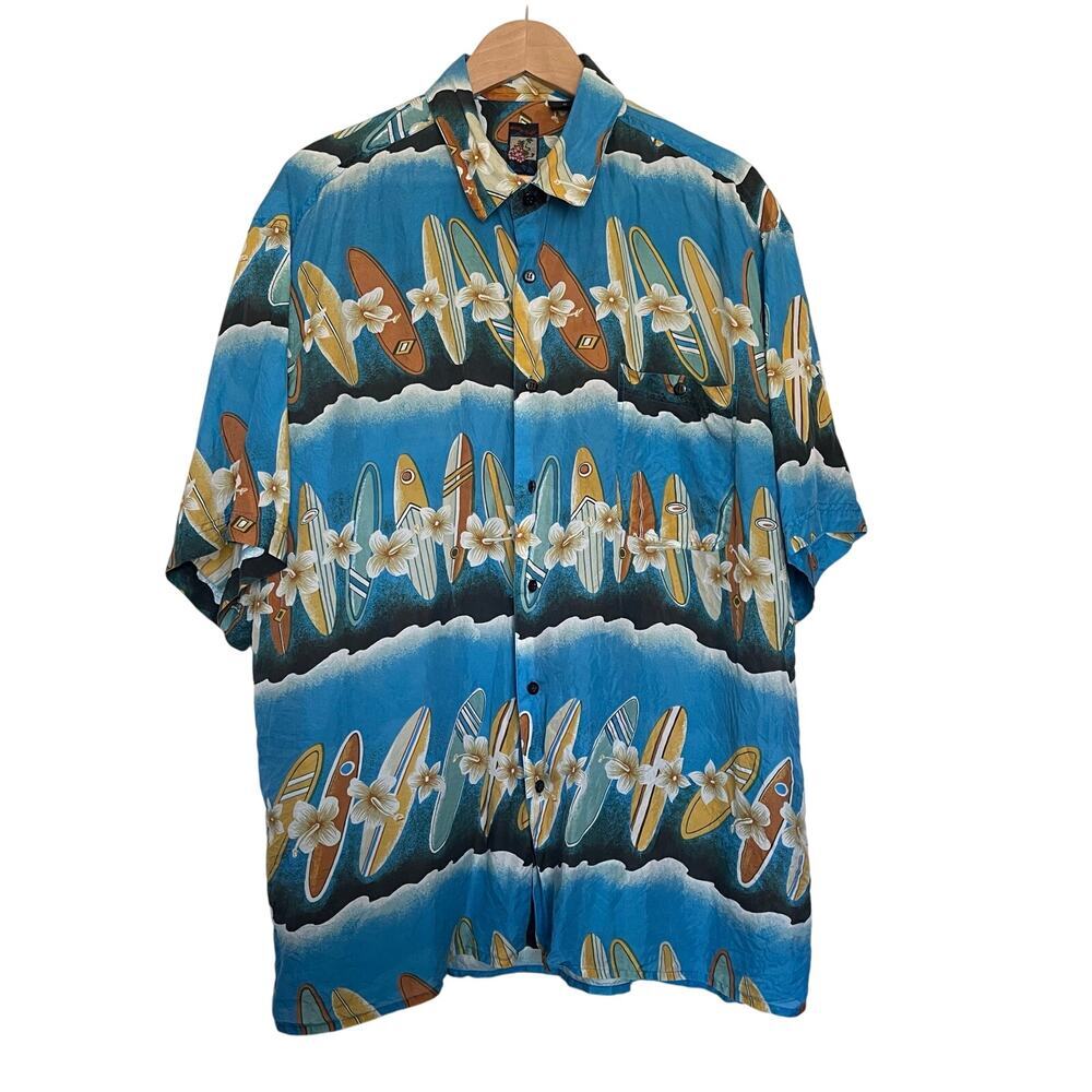 Vtg Montage Tropics Hawaiian Shirt‎ 100% Silk Surf Boards Hibiscus Size XL